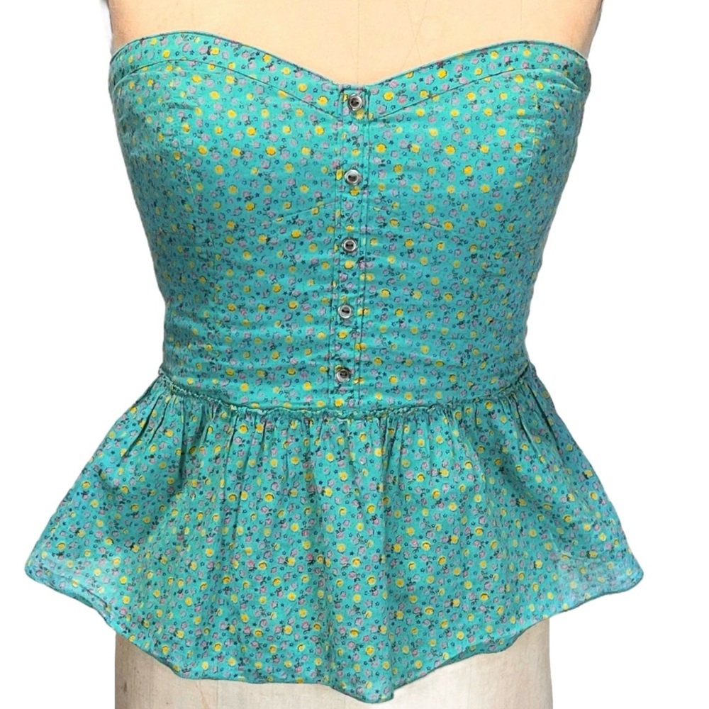 Aerie strapless top ditsy calico floral smocked corset bodice peplum ruffle boho